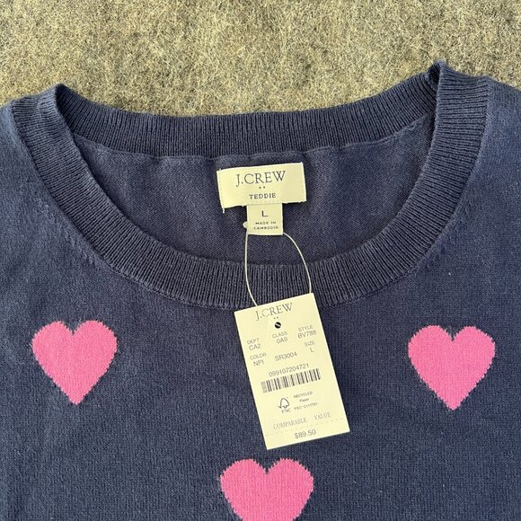 NWT J Crew Womens Large Teddie Crewneck Navy Blue Hearts Sweater Cotton - Picture 3 of 4
